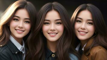 Three Beautiful Friends Teenage Girl With Happy Face Portrait photo