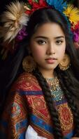 Beautiful Hispanic Heritage Girl, Celebrating Culture Woman Traditional Dress With Makeup, AI Generative photo