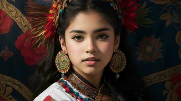 Beautiful Hispanic Heritage Girl, Celebrating Culture Woman Traditional Dress With Makeup, AI Generative photo