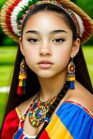 Beautiful Hispanic Heritage Girl, Celebrating Culture Woman Traditional Dress With Makeup, AI Generative photo