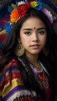 Beautiful Hispanic Heritage Girl, Celebrating Culture Woman Traditional Dress With Makeup, AI Generative photo