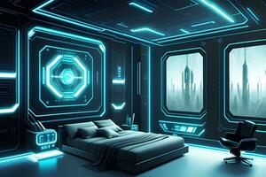 futurista alto tecnología lujo cyberpunk ciencia fi vivo habitación moderno interior dormitorio, ai generativo foto