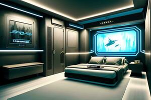 futurista alto tecnología lujo cyberpunk ciencia fi vivo habitación moderno interior dormitorio, ai generativo foto