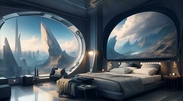Futuristic High Tech Luxury Cyberpunk Sci Fi Living Room Modern Interior Bedroom, AI Generative photo