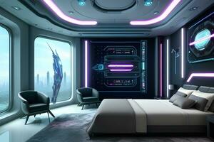 futurista alto tecnología lujo cyberpunk ciencia fi vivo habitación moderno interior dormitorio, ai generativo foto