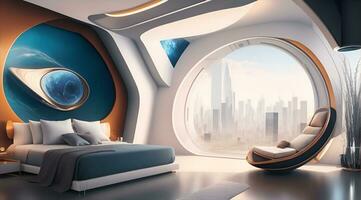 Futuristic High Tech Luxury Cyberpunk Sci Fi Living Room Modern Interior Bedroom, AI Generative photo