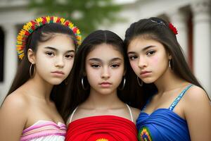 hermosa Hispano patrimonio chica, celebrando cultura mujer tradicional vestir con constituir, ai generativo foto