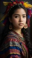 hermosa Hispano patrimonio chica, celebrando cultura mujer tradicional vestir con constituir, ai generativo foto
