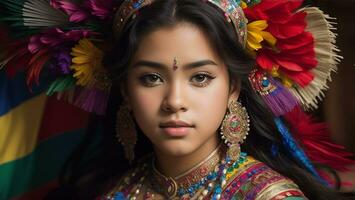 hermosa Hispano patrimonio chica, celebrando cultura mujer tradicional vestir con constituir, ai generativo foto