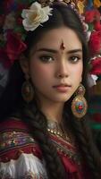 Beautiful Hispanic Heritage Girl, Celebrating Culture Woman Traditional Dress With Makeup, AI Generative photo