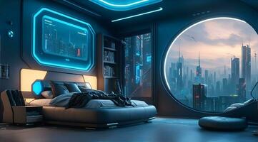 futurista alto tecnología lujo cyberpunk ciencia fi vivo habitación moderno interior dormitorio, ai generativo foto