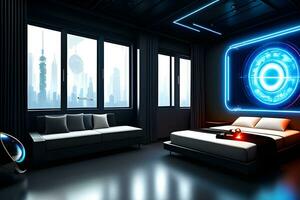 Futuristic High Tech Luxury Cyberpunk Sci Fi Living Room Modern Interior Bedroom, AI Generative photo