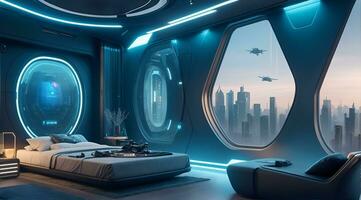 Futuristic High Tech Luxury Cyberpunk Sci Fi Living Room Modern Interior Bedroom, AI Generative photo