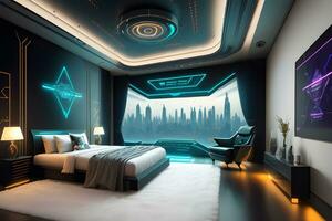 futurista alto tecnología lujo cyberpunk ciencia fi vivo habitación moderno interior dormitorio, ai generativo foto