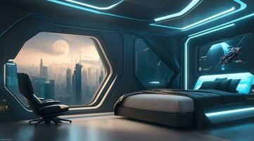 futurista alto tecnología lujo cyberpunk ciencia fi vivo habitación moderno interior dormitorio, ai generativo foto