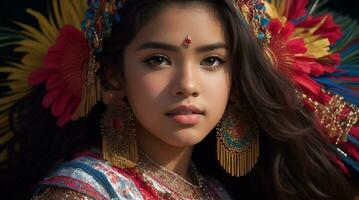 Beautiful Hispanic Heritage Girl, Celebrating Culture Woman Traditional Dress With Makeup, AI Generative photo