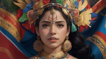 Beautiful Hispanic Heritage Girl, Celebrating Culture Woman Traditional Dress With Makeup, AI Generative photo