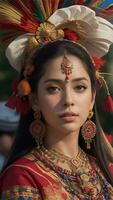 Beautiful Hispanic Heritage Girl, Celebrating Culture Woman Traditional Dress With Makeup, AI Generative photo