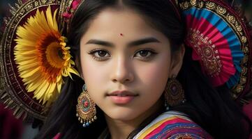 Beautiful Hispanic Heritage Girl, Celebrating Culture Woman Traditional Dress With Makeup, AI Generative photo