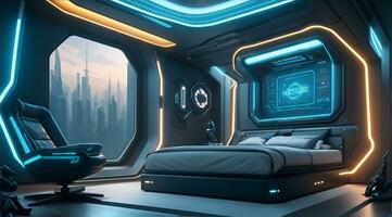 futurista alto tecnología lujo cyberpunk ciencia fi vivo habitación moderno interior dormitorio, ai generativo foto