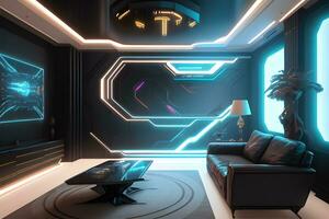 Futuristic High Tech Luxury Cyberpunk Sci Fi Living Room Modern Interior Bedroom, AI Generative photo