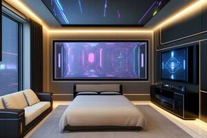 Futuristic High Tech Luxury Cyberpunk Sci Fi Living Room Modern Interior Bedroom, AI Generative photo