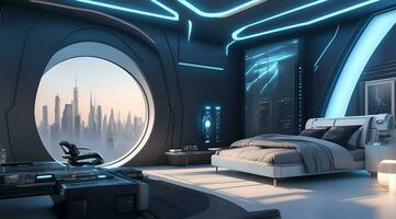 futurista alto tecnología lujo cyberpunk ciencia fi vivo habitación moderno interior dormitorio, ai generativo foto