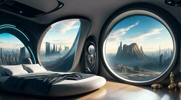 futurista alto tecnología lujo cyberpunk ciencia fi vivo habitación moderno interior dormitorio, ai generativo foto