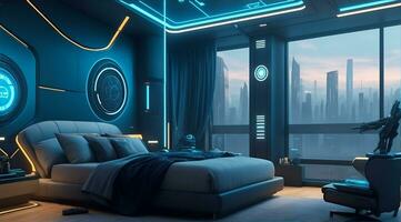 futurista alto tecnología lujo cyberpunk ciencia fi vivo habitación moderno interior dormitorio, ai generativo foto