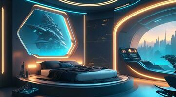 futurista alto tecnología lujo cyberpunk ciencia fi vivo habitación moderno interior dormitorio, ai generativo foto