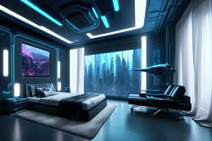 futurista alto tecnología lujo cyberpunk ciencia fi vivo habitación moderno interior dormitorio, ai generativo foto