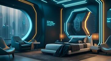 Futuristic High Tech Luxury Cyberpunk Sci Fi Living Room Modern Interior Bedroom, AI Generative photo