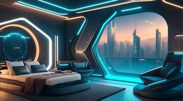 futurista alto tecnología lujo cyberpunk ciencia fi vivo habitación moderno interior dormitorio, ai generativo foto