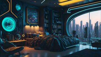 Futuristic High Tech Luxury Cyberpunk Sci Fi Living Room Modern Interior Bedroom, AI Generative photo