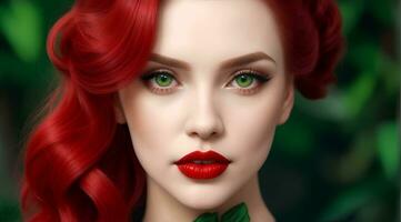 Closeup Short Attractive Young Beautiful Girl Red Lips Hair, Green Eyes, AI Generative photo