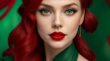 Closeup Short Attractive Young Beautiful Girl Red Lips Hair, Green Eyes, AI Generative photo