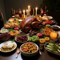 acción de gracias antecedentes con comida mesa alto calidad ai generado imagen foto