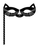 Cat masquerade mask with stick, black and white vector illustration for Mardi Gras