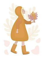 Happy woman blonde with bob hairstyle is on an autumn walk, girl in a raincoat with a hood, lady with a bouquet of autumn leaves, atmospheric fall color vector illustration in boho style