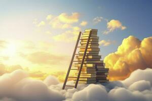 Abstract book stack with ladder on sky with clouds background. Ladder going on top of huge stack of books. Generative AI photo