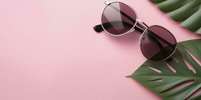 Tropical leaves monstera with sunglasses on pink background. Empty space flat lay. Creative minimal summer concept. Generative AI photo