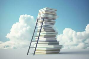 Abstract book stack with ladder on sky with clouds background. Ladder going on top of huge stack of books. Generative AI photo