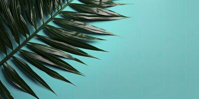 Tropical palm leaves on cyan background. Creative minimal summer concept. Generative AI photo