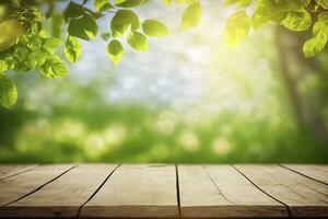 Beautiful spring background with green leaves and empty wooden table in nature outdoors.. Natural place with bokeh and sunlight. Picnic concept. Generative AI photo