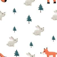 Vector pattern with a rabbit and fox. Hand-drawn vector graphics. Christmas wrapping paper. Use on bed linen, baby clothes, tablecloth, fabric