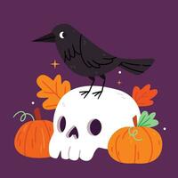 A crow sits on a skull near pumpkins. Spooky environment. Halloween. Autumn. Hand drawn style vector