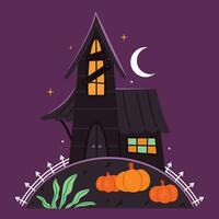 Old house in gothic style on the hill with pumpkins.Spooky environment.Halloween.Autumn.Hand drawn style vector