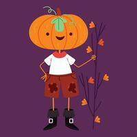 Scarecrow in the form of a pumpkin with autumn branches and leaves. Halloween. Autumn. Hand drawn style vector