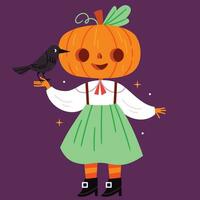 Pumpkin scarecrow in a girl's vintage outfit holding a crow. Halloween.Pumpkin scarecrow in a girl's vintage outfit holding a crow. Halloween. vector