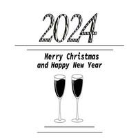 Black and white background of New Year 2024 symbols champagne flute for calendar, flyer and banner vector